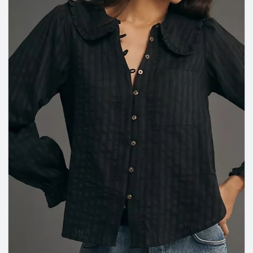 Anthropologie The Keira Pilcro Black Button-Down Blouse